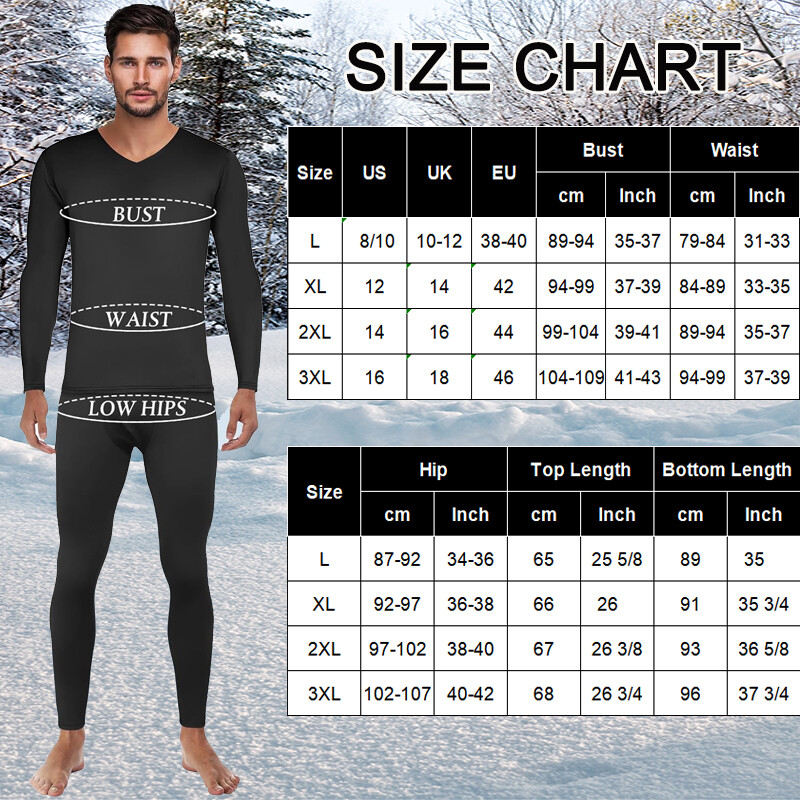 Fleece Lined Mens Thermal Underwear Set Base Layer Long Johns V-Neck Top&Bottom