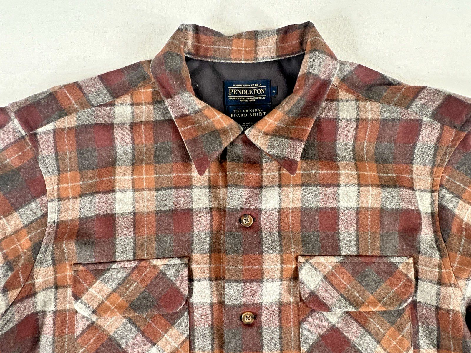 Pendleton Board Shirt Mens (L) Brown Orange Surf Plaid Virgin Wool LS Pockets