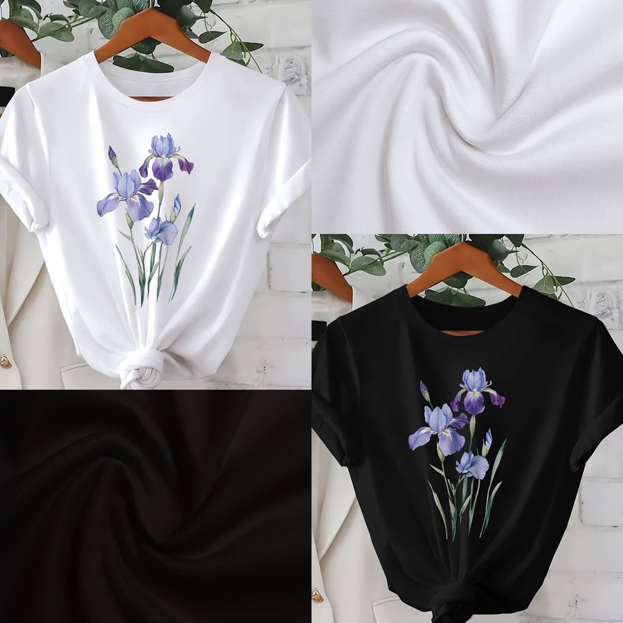 Women Flower Print Graphic T-Shirt Casual Short Sleeve Crew Neck Cotton Tee US√