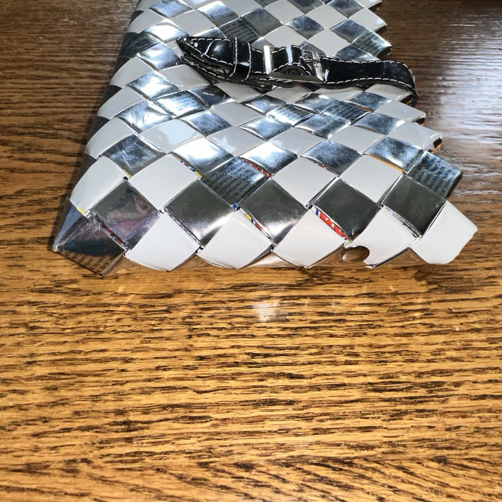 Nahui Ollin Y2K Woven Candy Wrapper Clutch Bag Purse Silver White Glossy Buckle