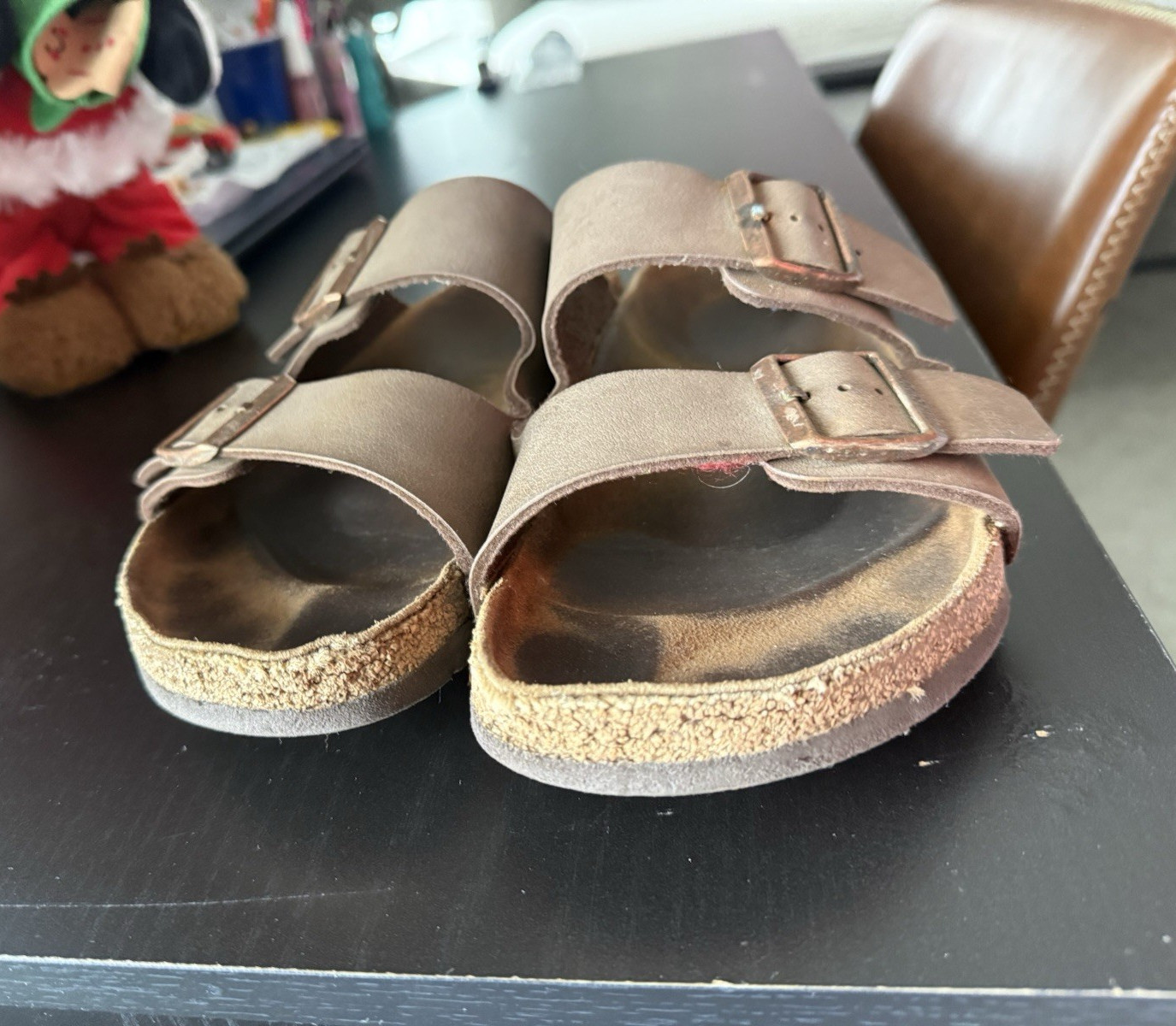 Birkenstock Brown Leather Cork Footbed Double Strap Buckle Slide Sandal US 10