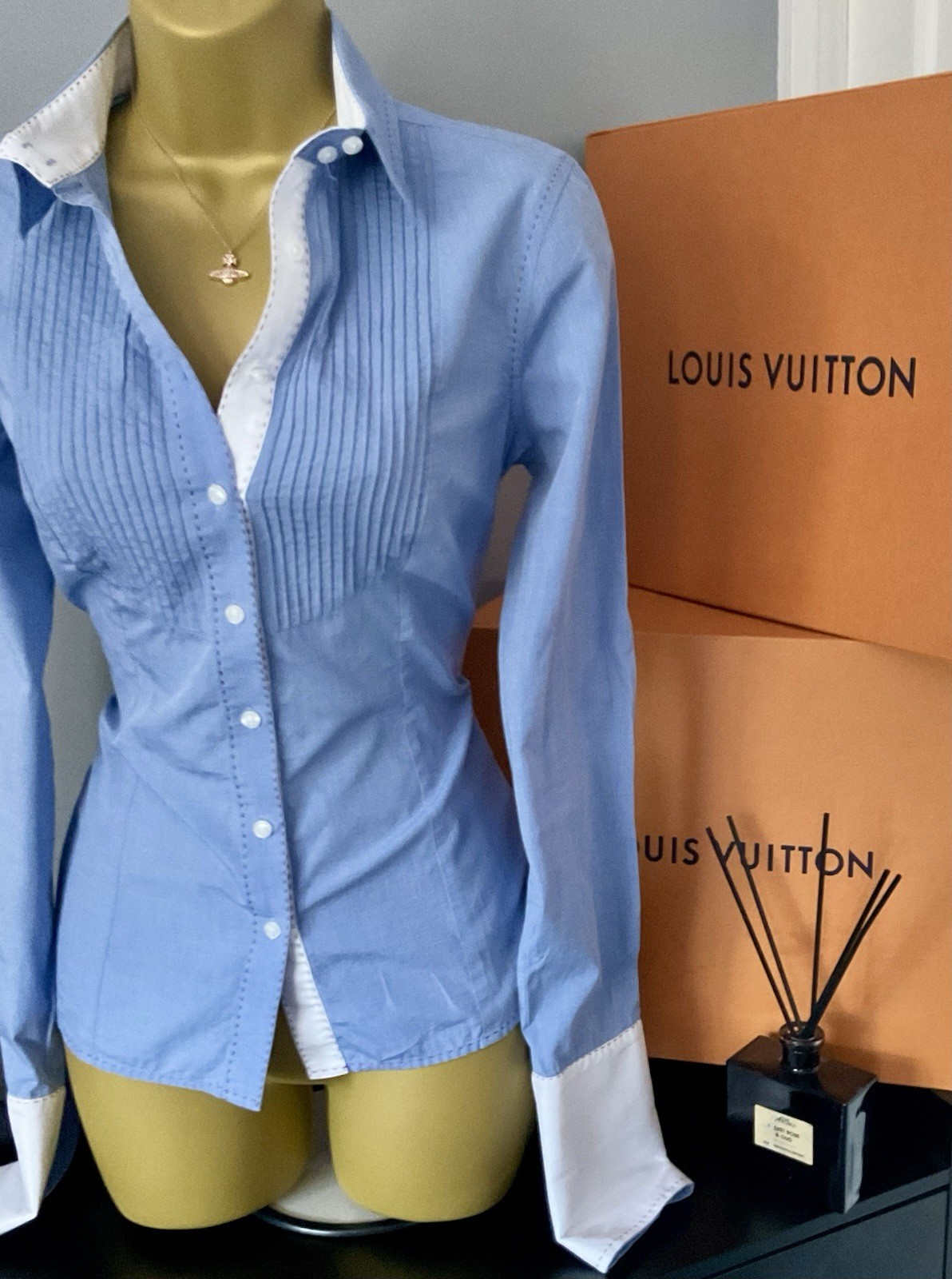 Pristine Thomas Pink Blue Fitted Pleated Tuxedo double Cuff Shirt Stunning UK 10