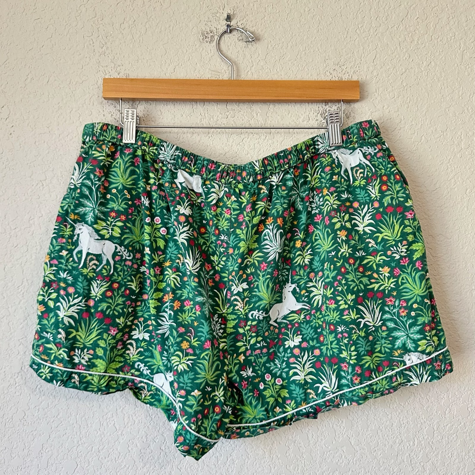PRINTFRESH Unicorn Garden Pajama Shorts Set Womens L Green Short Sleeve Shirt