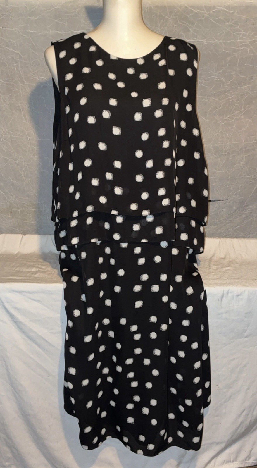 Rafaella Women’s Size 16 NWT Black White Polka Dot Layered Shift Dress MSRP $72