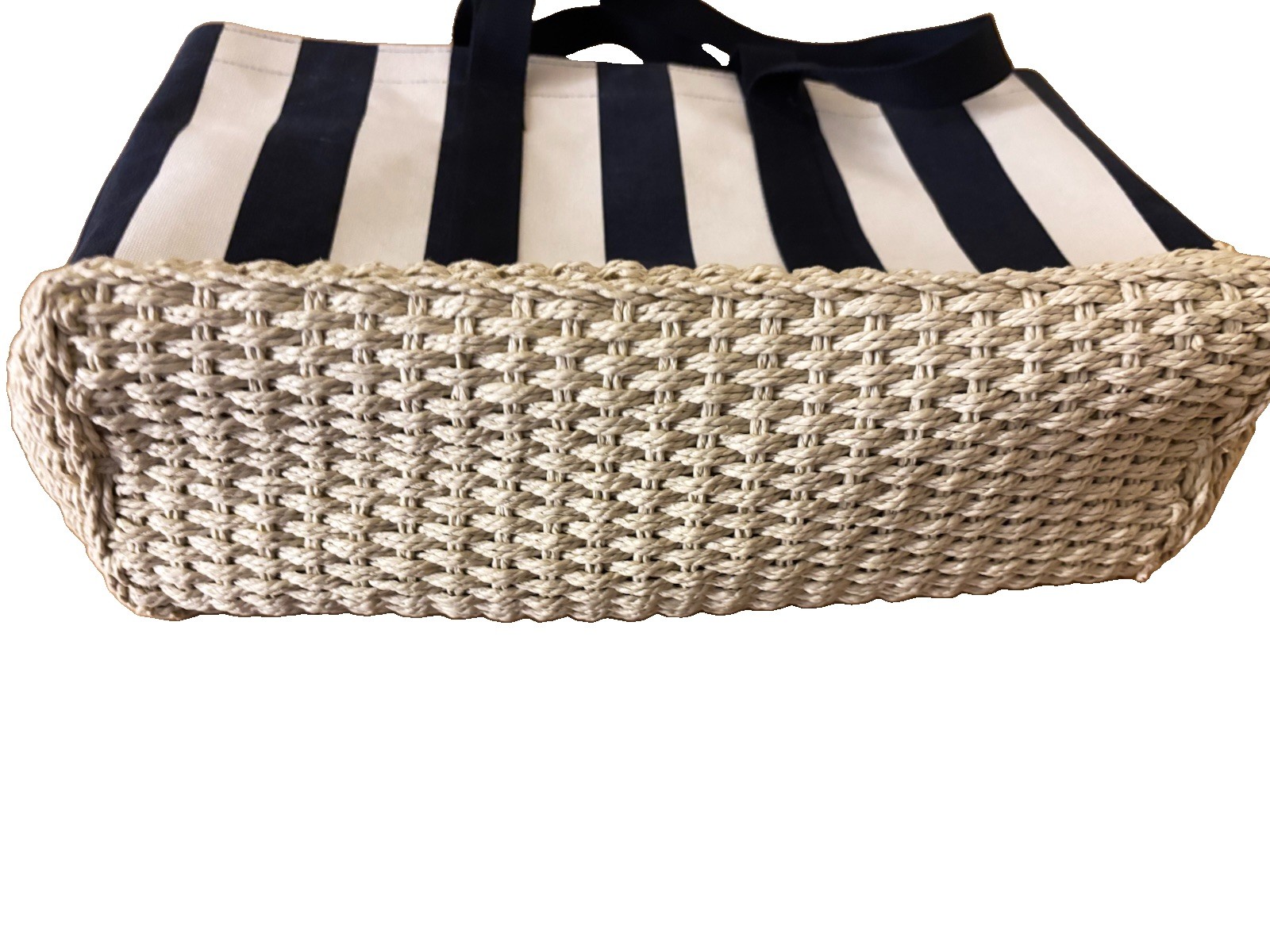 Universal Thread Navy Blue & White Striped Canvas & Straw Beach Tote Bag