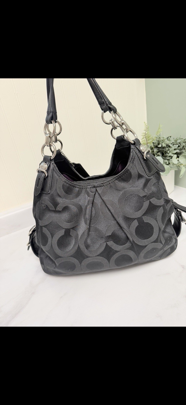 Coach Signature Logo Shoulder Bag Black/Gray Zip Purple Lining