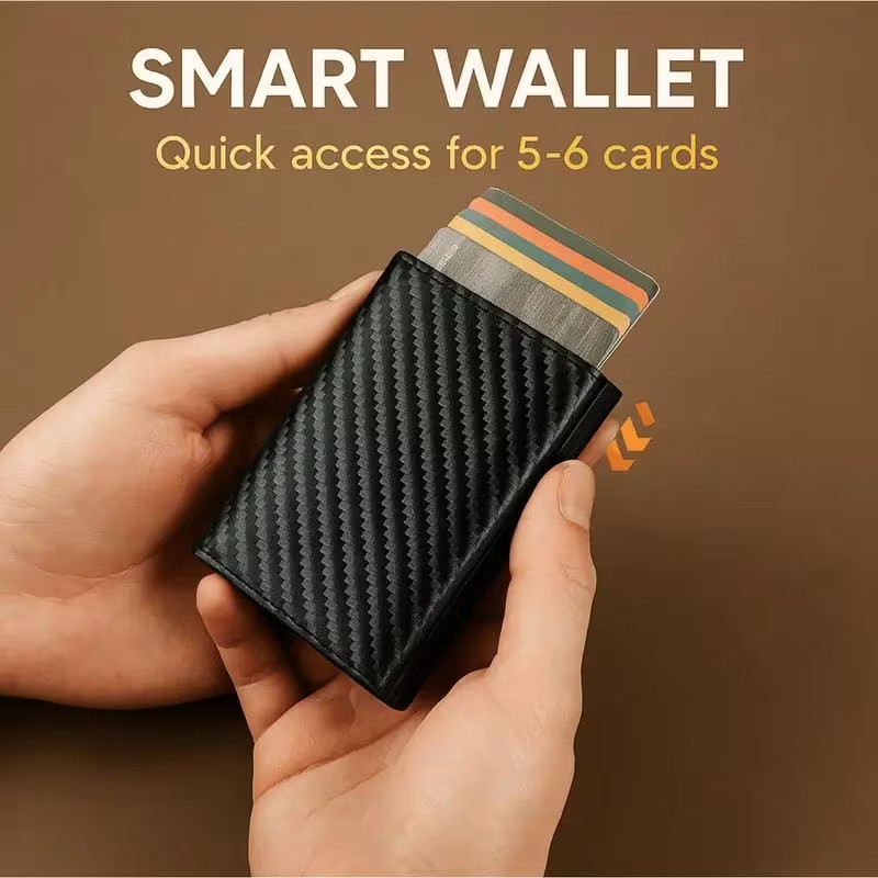 RFID Blocking Carbon Fiber Wallet, Pop Up Card Holder Slim Bifold, Money Clip