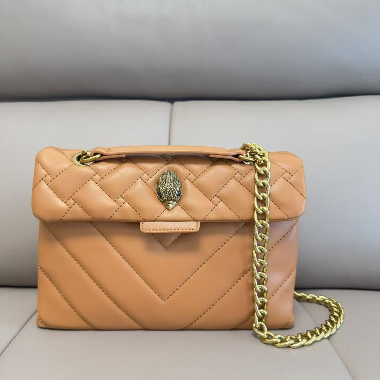 Kurt Geiger London Camel Quilted Crossbody Bag Gold Eagle Head 26×9×18 cm