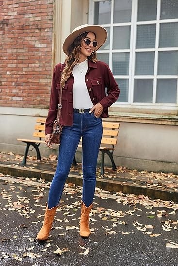 Womens Fashion Cropped Corduroy Shacket Button Down Fall Long Sleeve Top