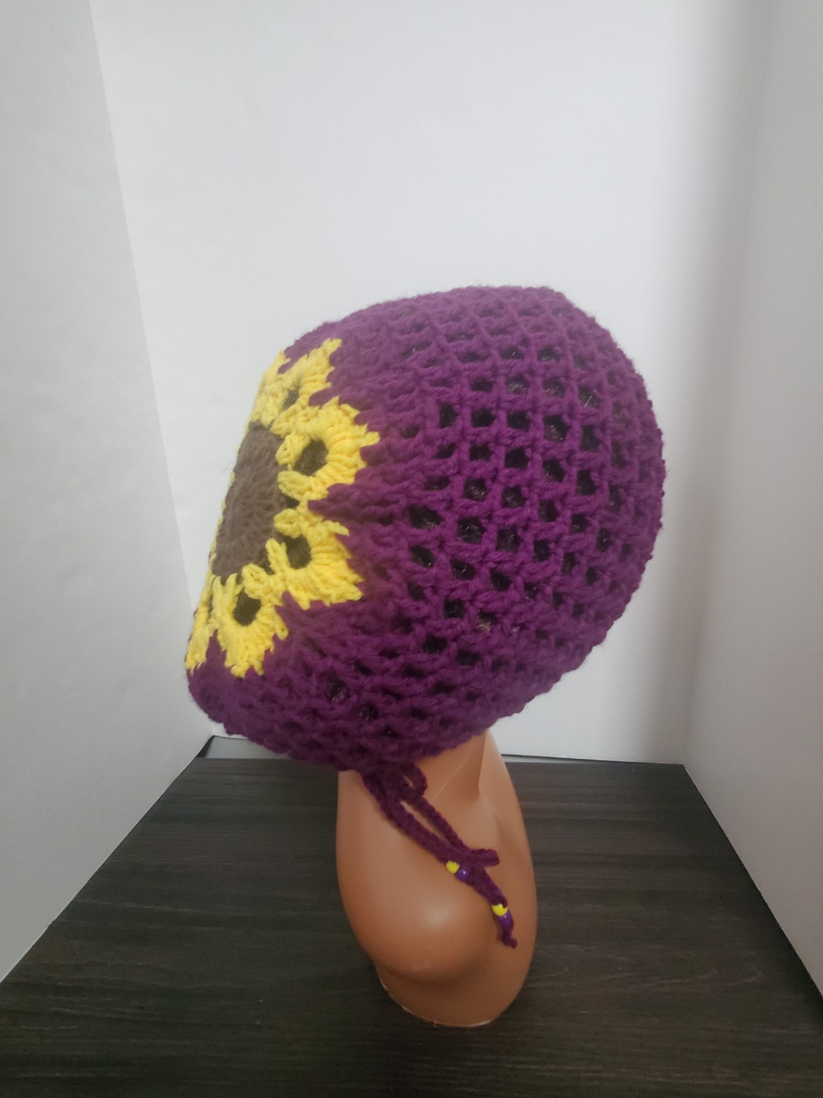 Crochet Flower Tam Slouch Hat With Drawstring Handmade One Size Dreadlock Beanie
