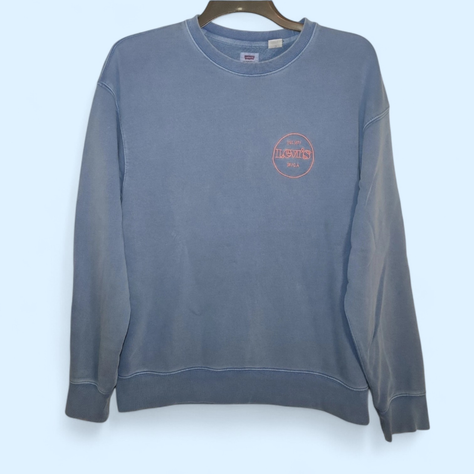 Levi’s Embroidered Sweatshirt Size M Blue Pastel Pink Circular Logo Spellout