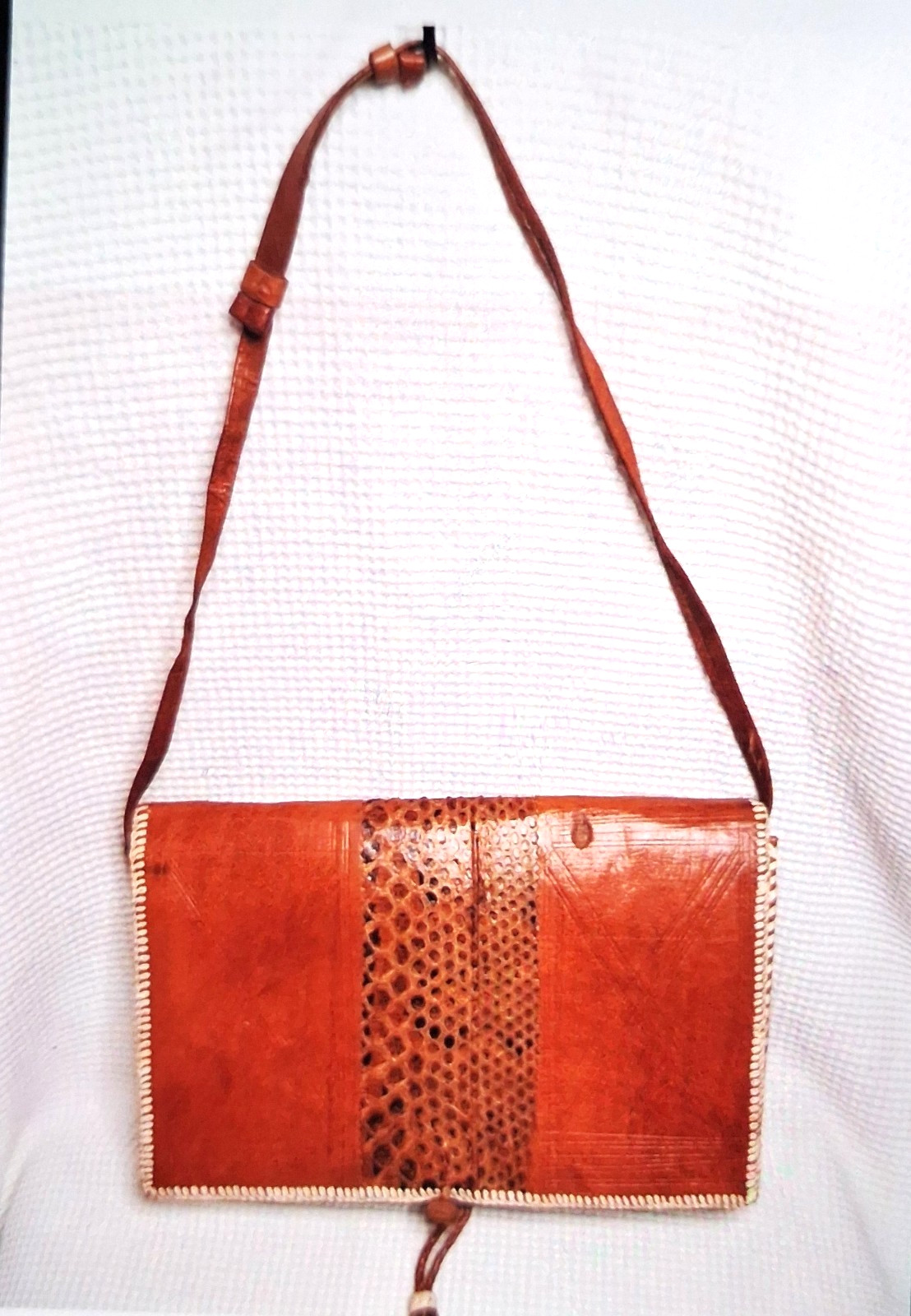 Vintage Handcrafted African Leather Snakeskin Crossbody Bag Whipstitch Clutch