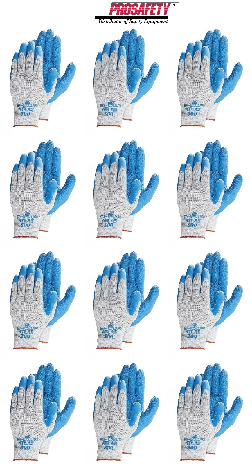 12 PAIR ATLAS 300 BLUE RUBBER Palm Coated General Purpose PROTECTIVE WORK GLOVES