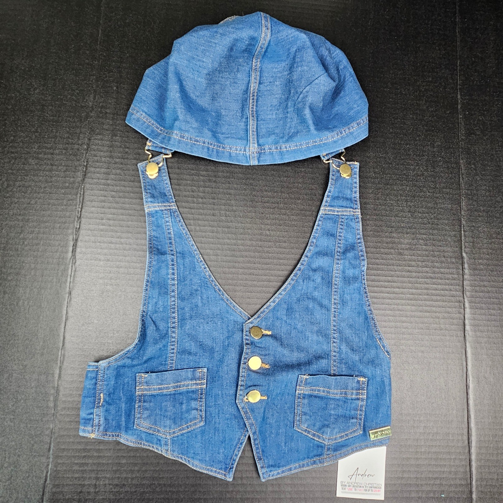 Andrew Christian Castro Denim Hood and Vest Set Blue Style 3306 Large NWT LGBTQ+