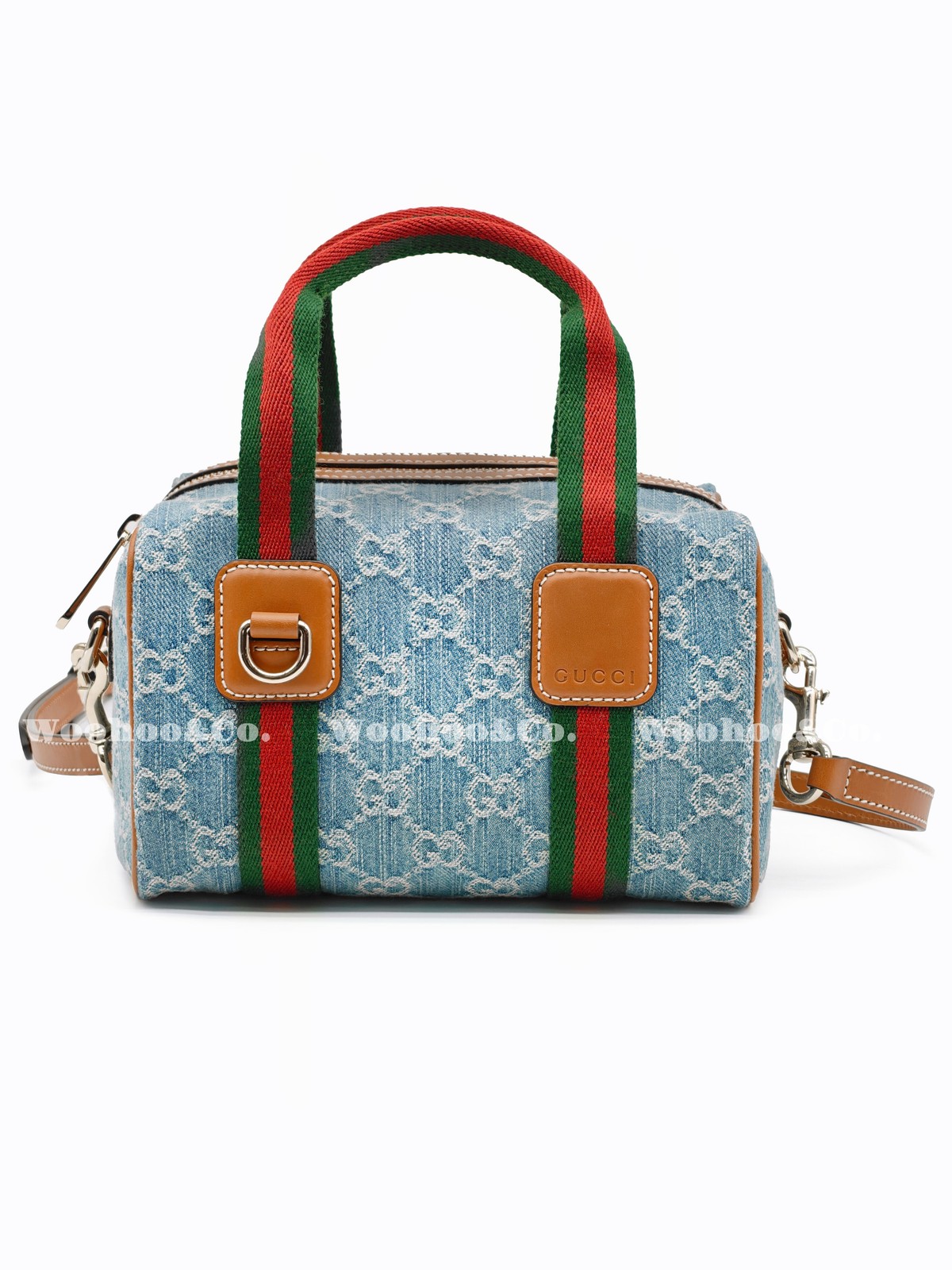 GUCCI Denim Boston Bag Handbag Mini Unisex Blue White 7.9 x 5.1 x 5.1 in