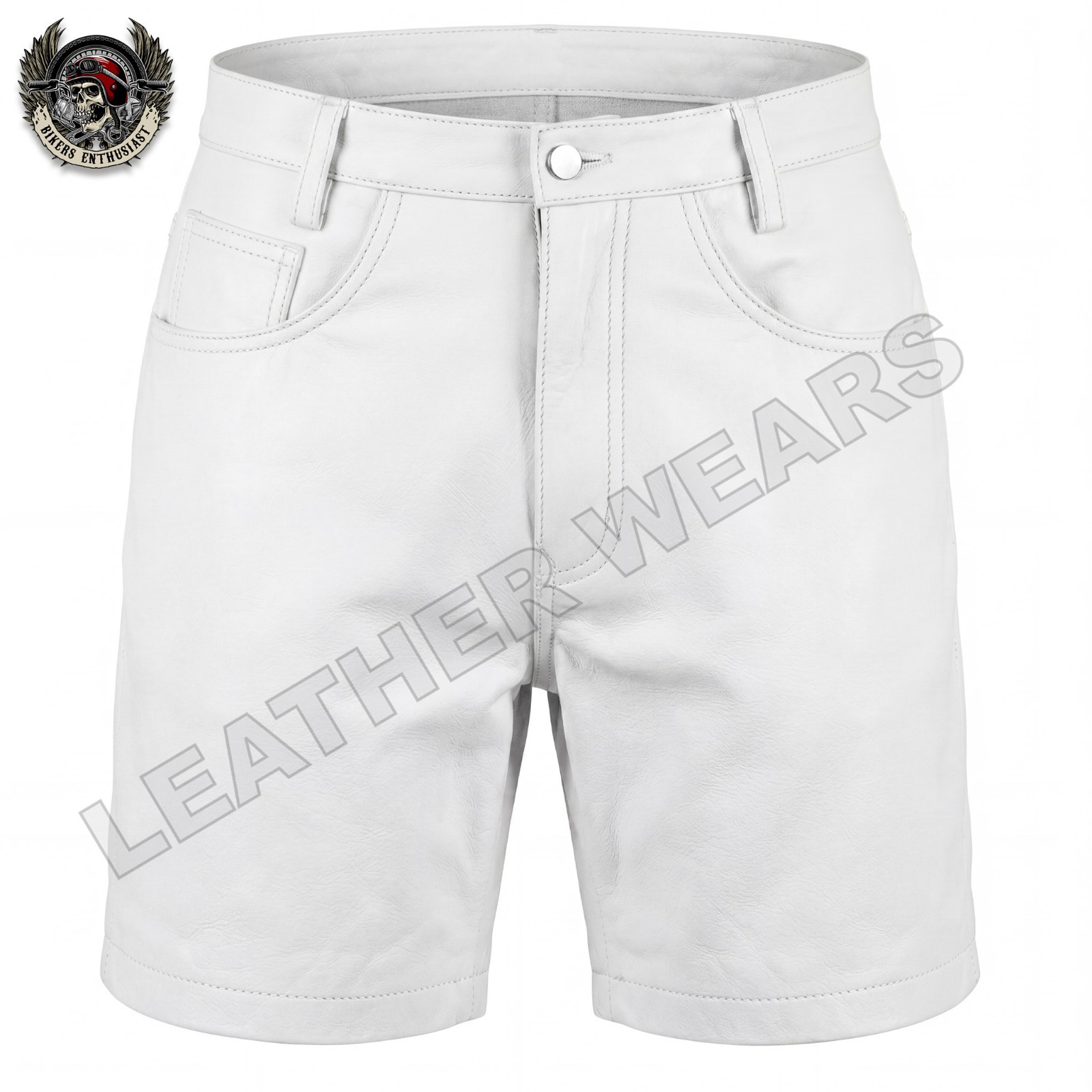 White Leather Shorts Mens Cowhide Casual 5 Pockets Short Zipper Fly Real Leather