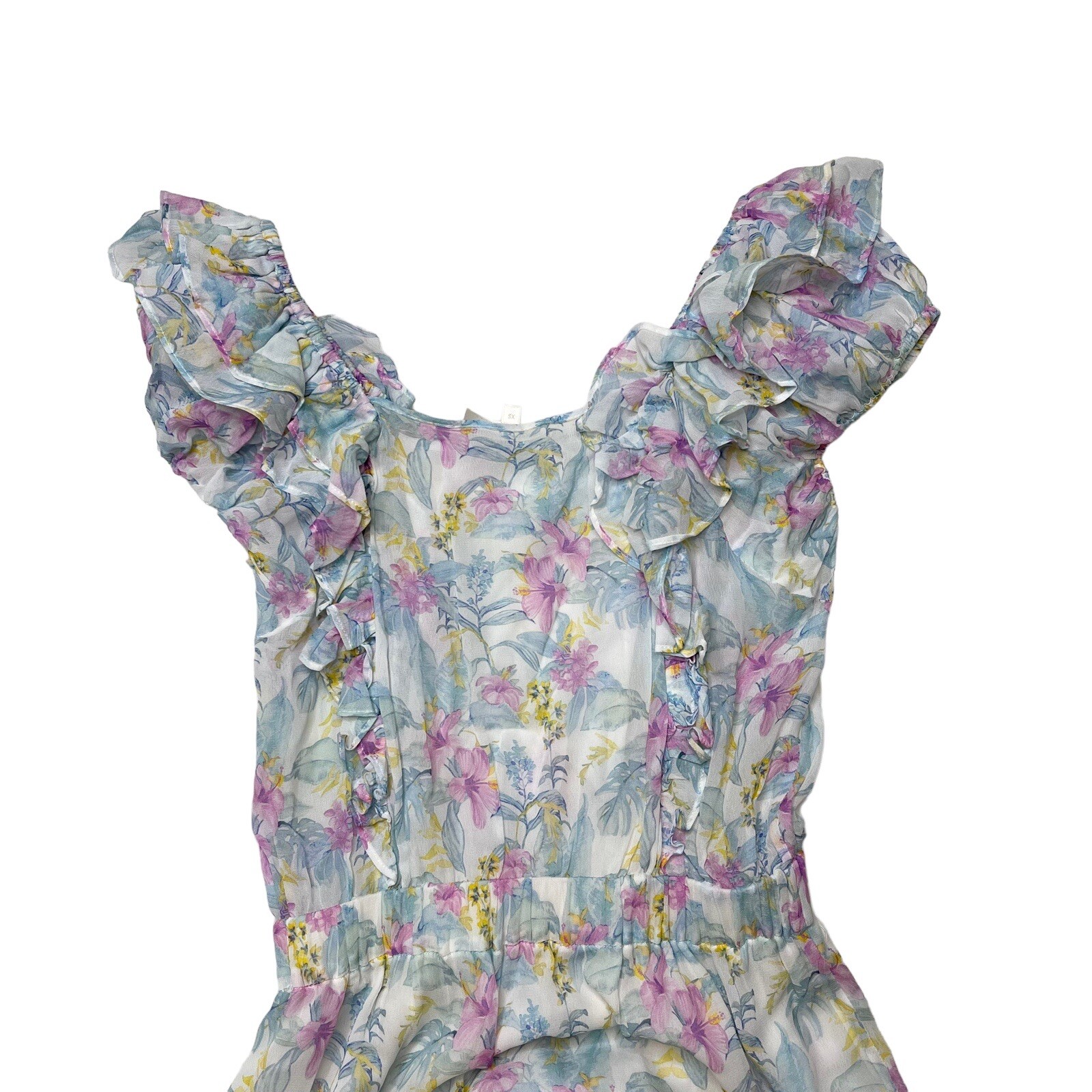 LOVESHACKFANCY Womens Dress Size XS Ivoire Floral Chiffon Mini white ruffle Blue