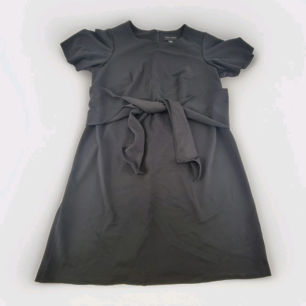 Donna Morgan Black Sheath Dress Sz 14W Short Sleeve Belted Stretch RN 58142