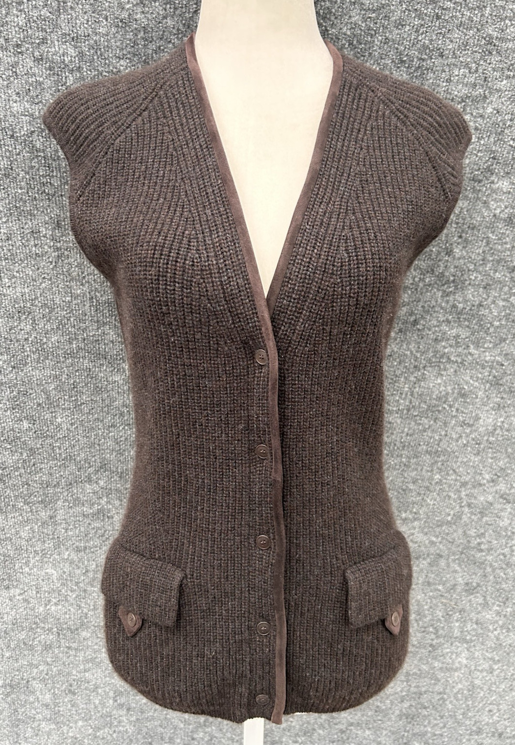 LORO PIANA Italy 100% Cashmere & Suede Goatskin Dark Brown Sweater Vest 40 Small