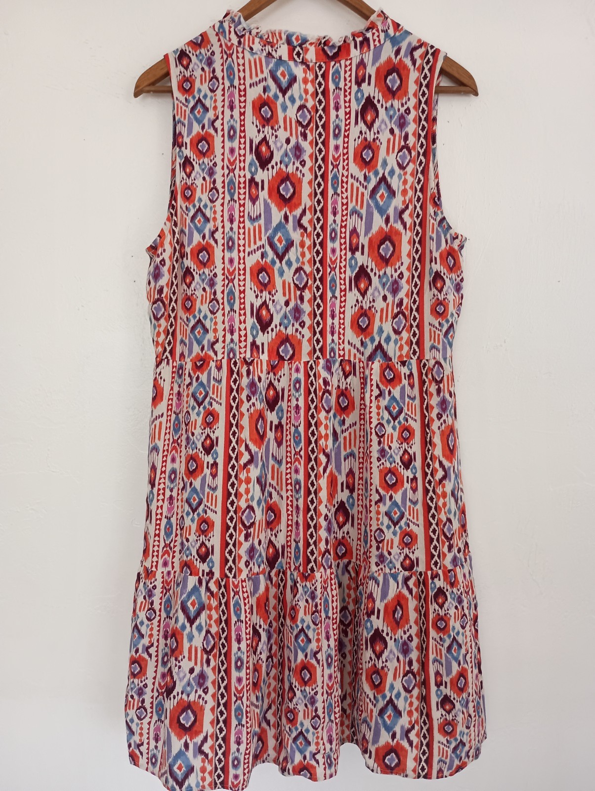 Dear John Multicolor Geometric Sleeveless V-Neck Dress M Rayon Ruffle