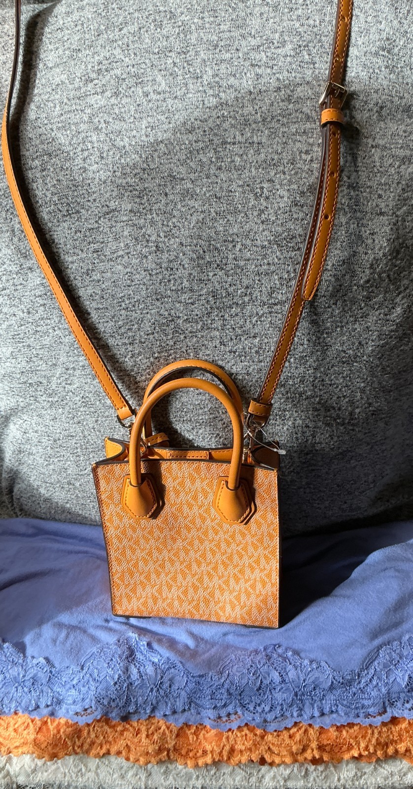 Michael Kors Orange Multi SIG Mini Coated Canvas Leather CC SnapCrossbodySatchel
