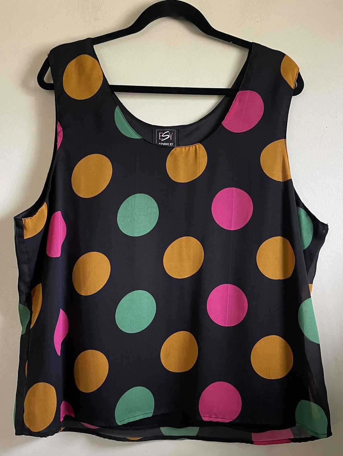 VTG 90 Black Colorful Polka Dot Sleeveless Tank Top Womens 2X Retro Casual Chic