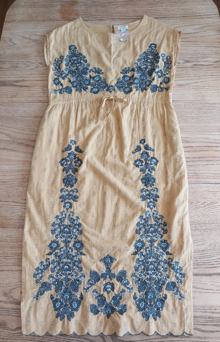NWOT Sundance Felicity Midi Dress Embroidered Sequin Mustard Pockets Womens Sz M