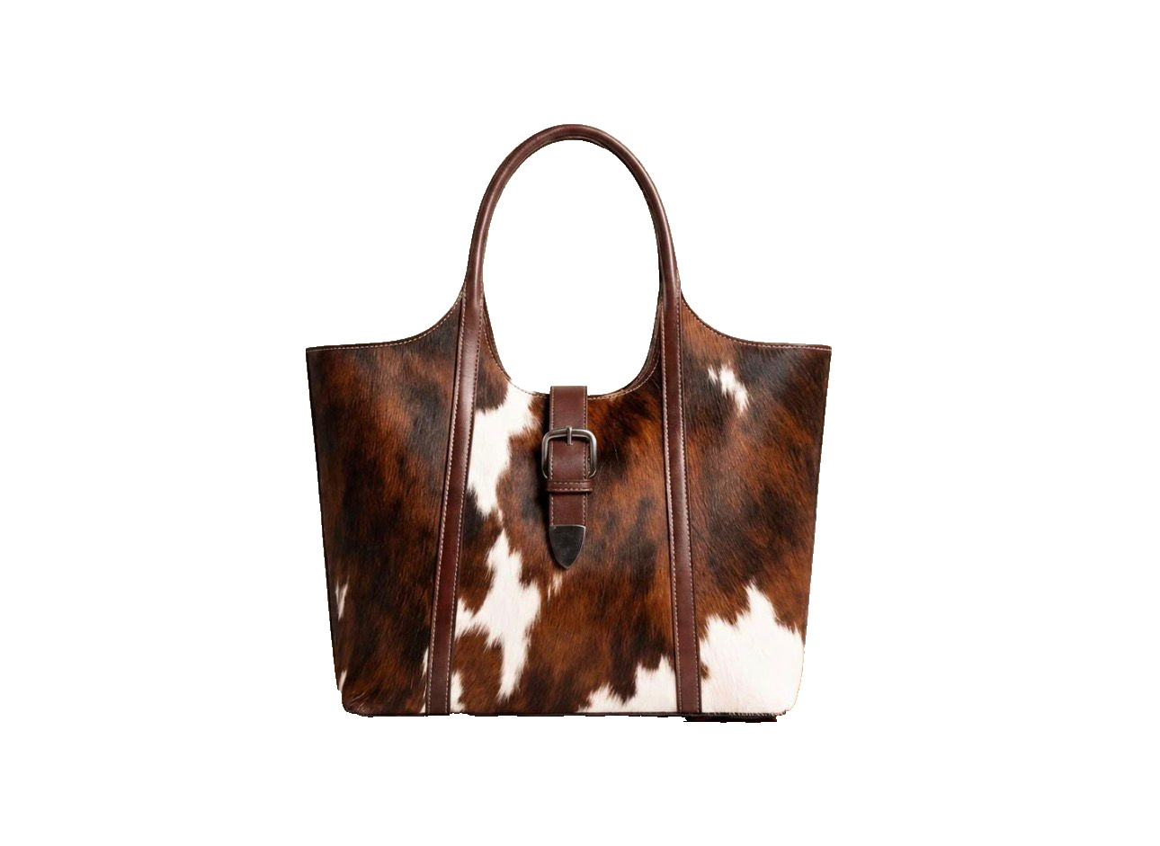 Genuine Cowhide Leather Tote Bag Printed Brown White Shoulder Handbag Western