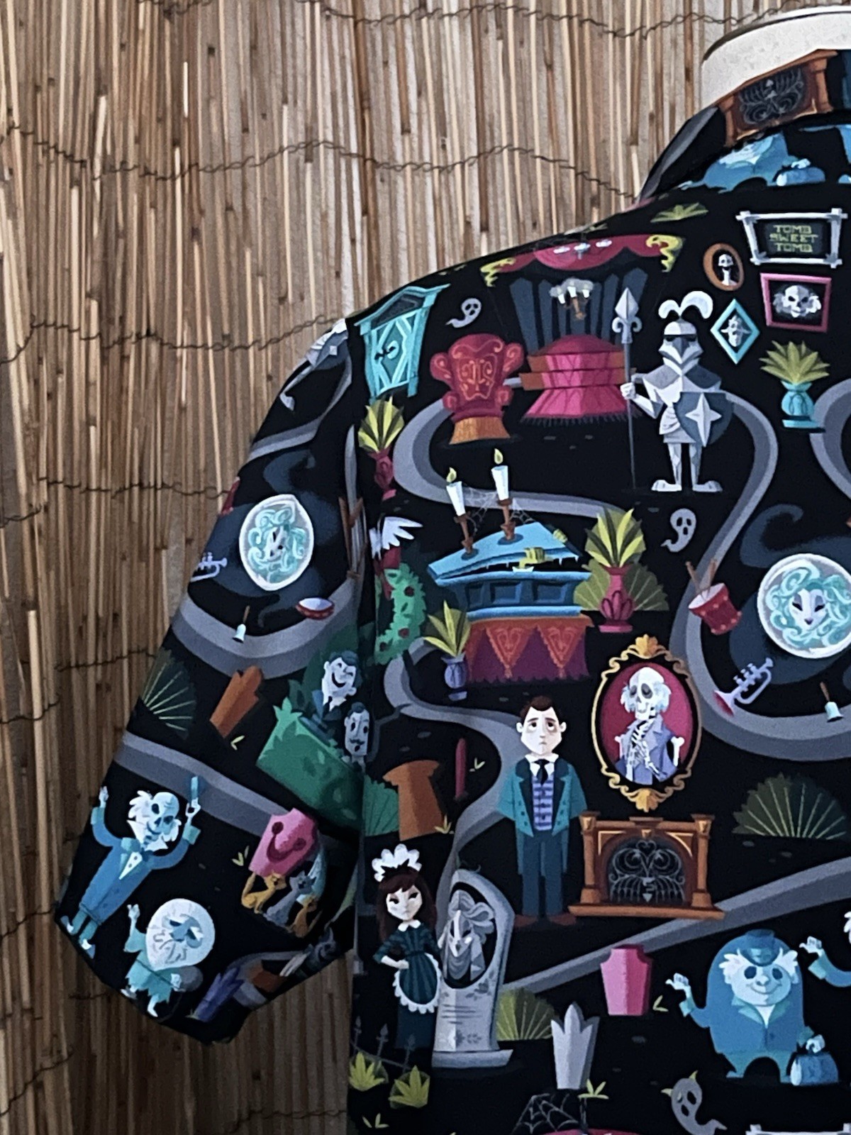 Garment One Mens SS Button Up Haunted Mansion Themed Shirt-Medium-Poly Spandex
