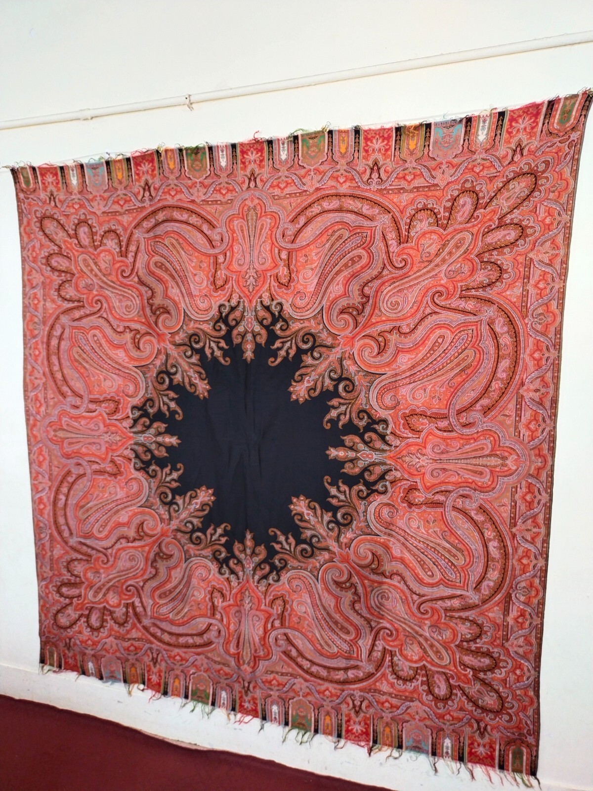 vintage paisley shawl wool fabric Victorian design scarf hand woven tablecloth