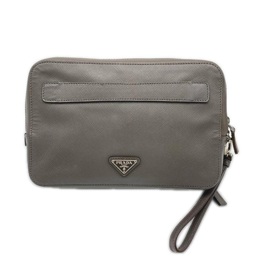 PRADA 2VF052 Clutch Saffiano Leather Greige Mens Zipper Pockets Card Slots