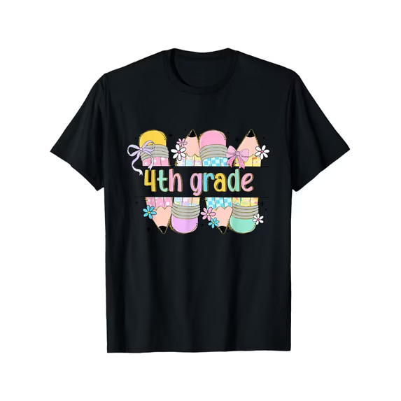 Back To School Fourth Grade Coquette Pencil Bow Black T-Shirt