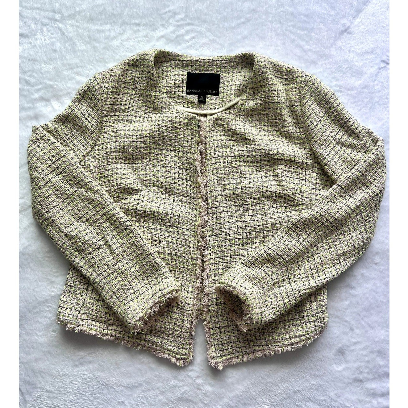 Banana Republic Tweed Jacket Womens Size 0 Pink Green Fringe Open Front Blazer