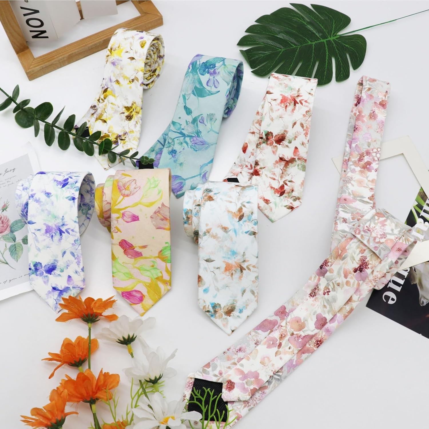 Men’s Floral Pattern Cotton Skinny Neckties Printed Ties for Men