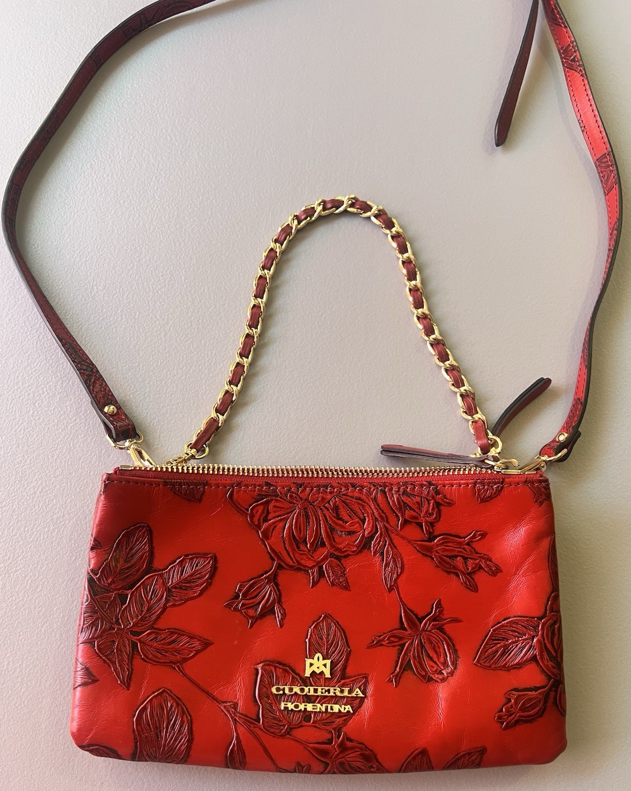 Cuoieria Fiorentina Red Floral Whimsigoth Embossed Crossbody Bag Chain Zip Gold
