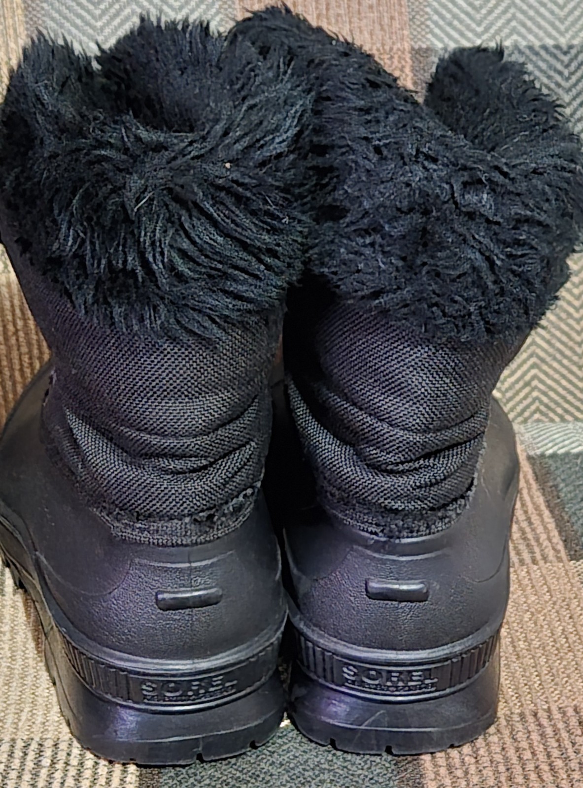 Vintage SOREL Kaufman Black Nylon & Rubber Winter Boots Faux Fur Trim Canada 6