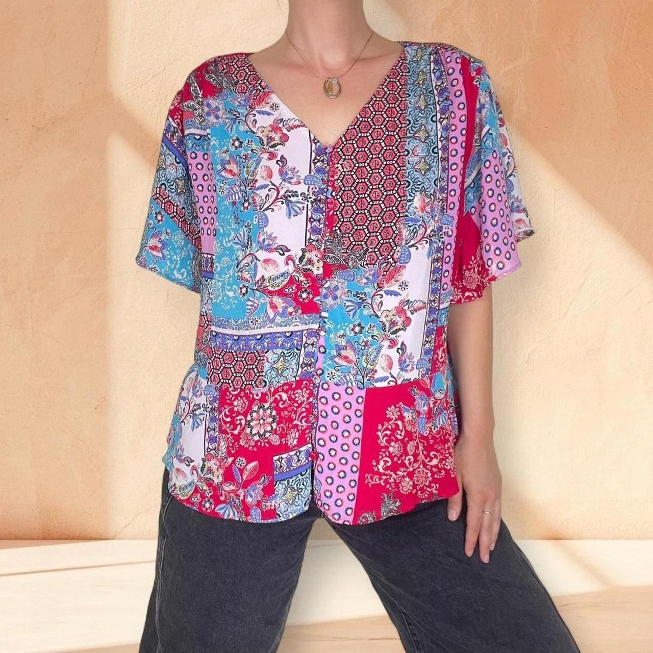 Chicos Blouse Boho Patchwork Scarf Bandanna Print Floral Flutter Sz 3P (16-18)