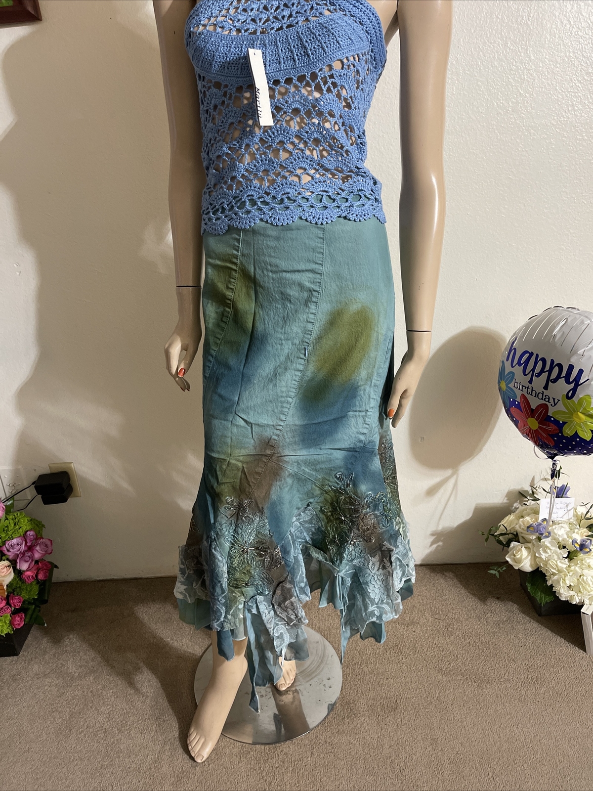 Blue Denim Cotton lace beaded embroidery Ruffle Size Size S(4-6) skirt SK733