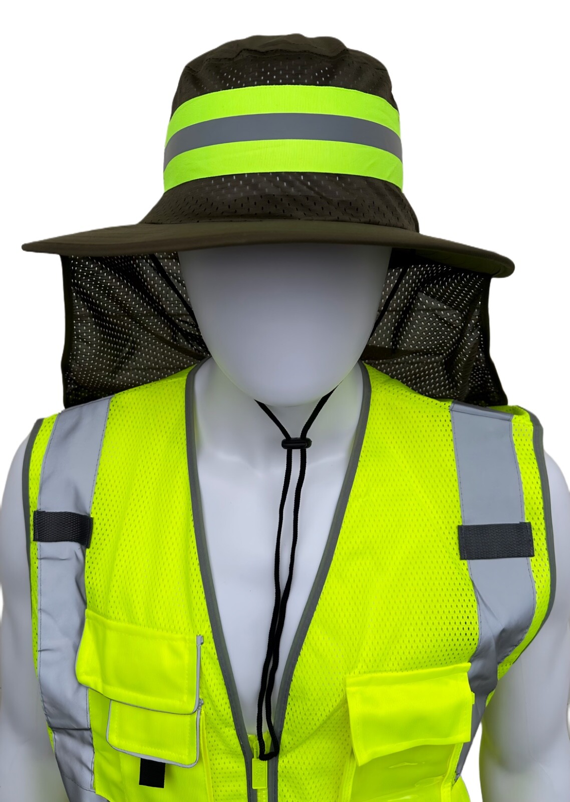 Hi Vis Reflective Work Safety Neck Flap Boonie Hat Olive Bucket Cap