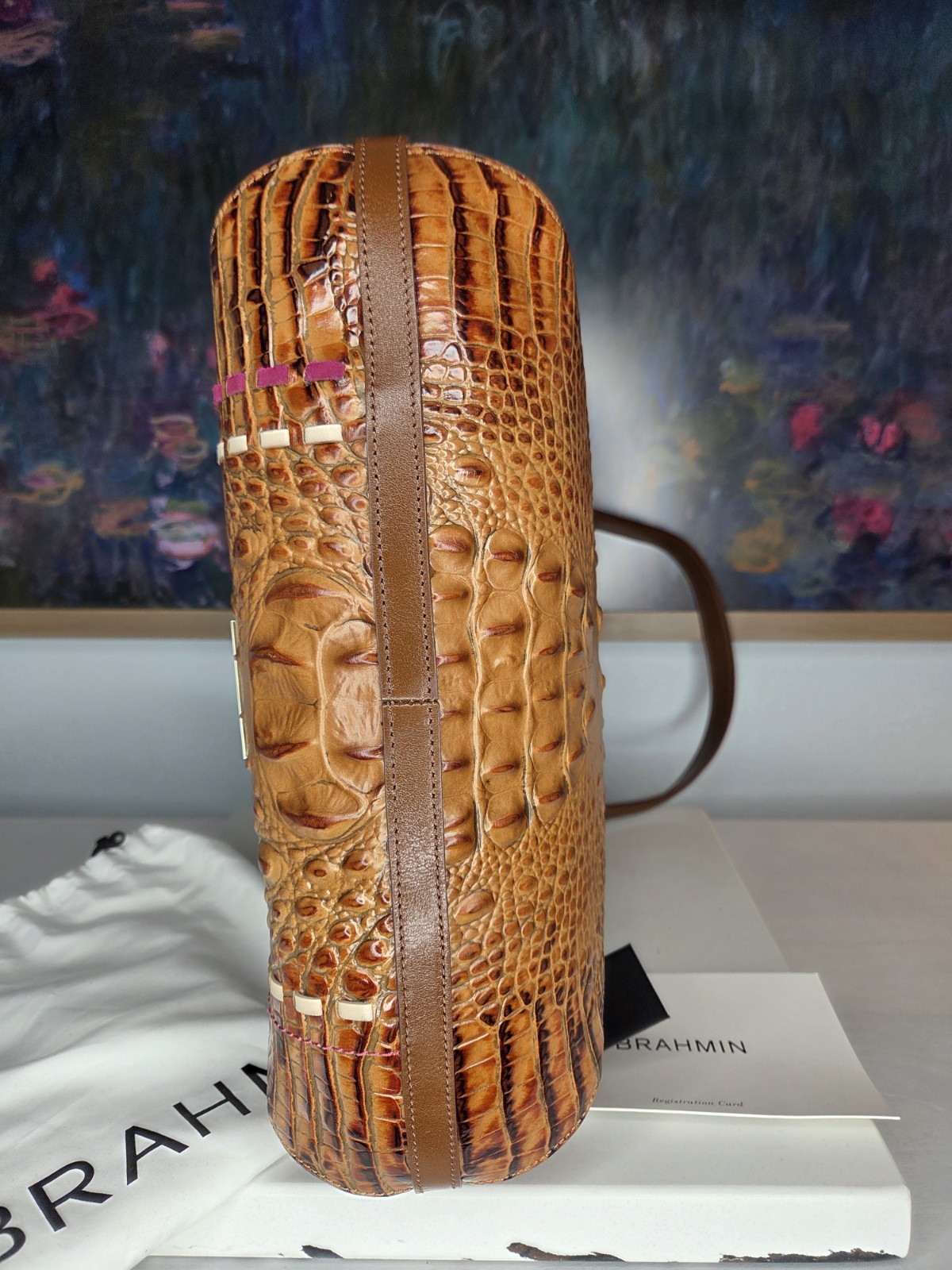 Brahmin Farrah Tote Toasted Almond Brown Woven Leather Bag Pink Whipstitch NWT