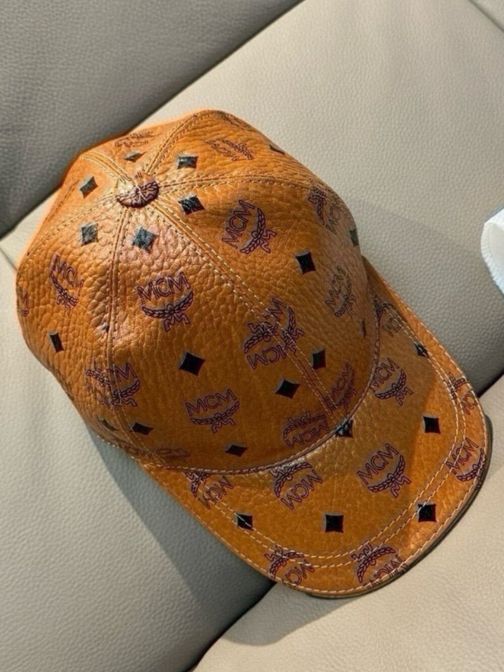 MCM Cognac Visetos Leather Baseball Cap Black Studs Adjustable