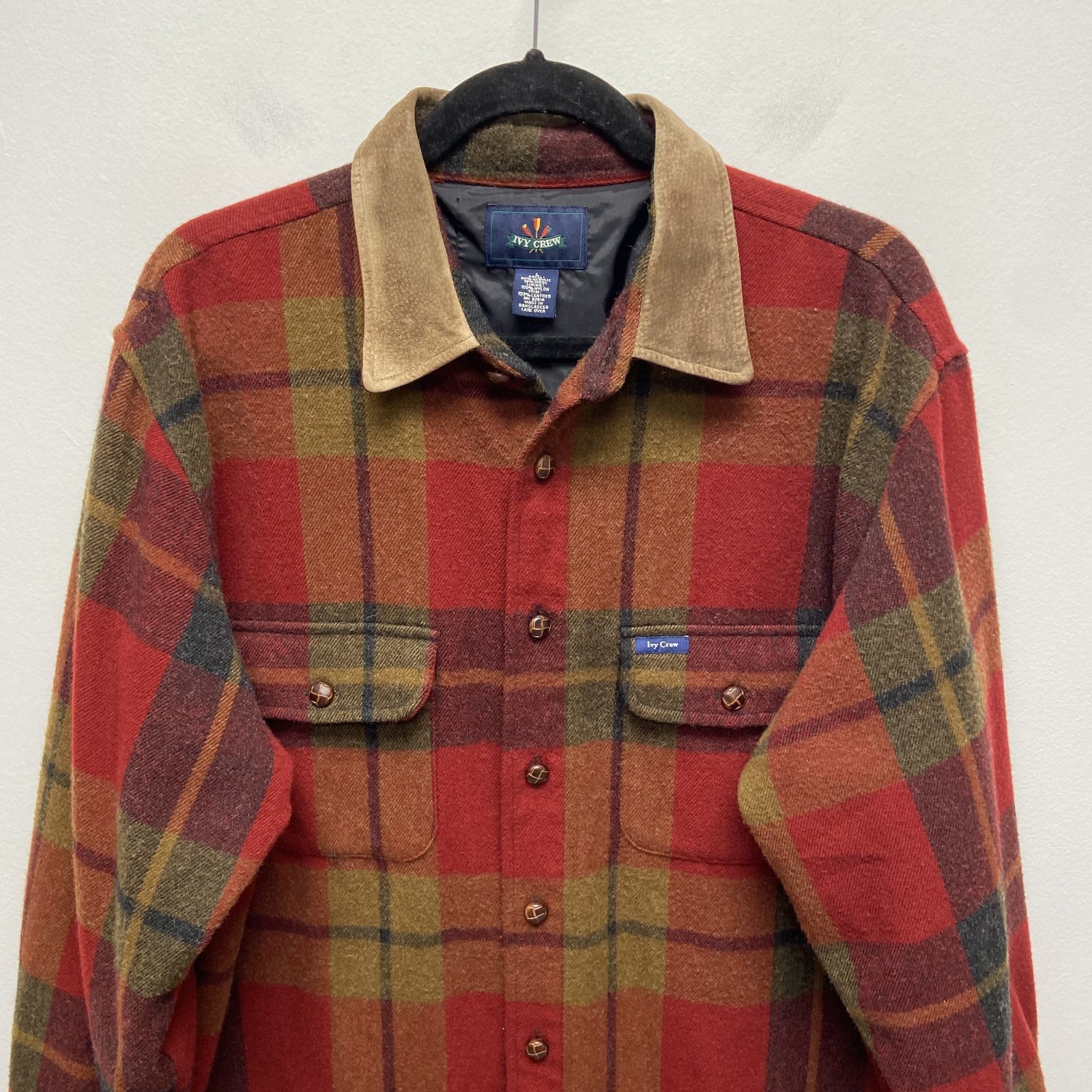 Ivy Crew Shirt Shacket Mens Red Plaid Leather Elbow Pads & Collar Jacket Large