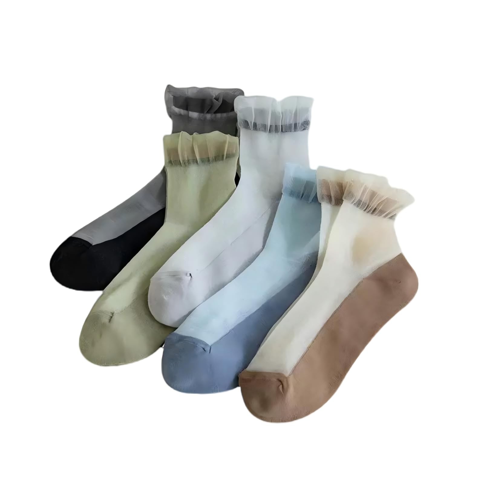 5 Pairs Women’s Frilly Ankle Socks 0, Light Gray, Black, Green, Khaki, Blue