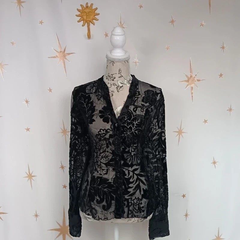 Debenhams Black Burnout Velvet Blouse UK 16 Whimsigoth Gothic