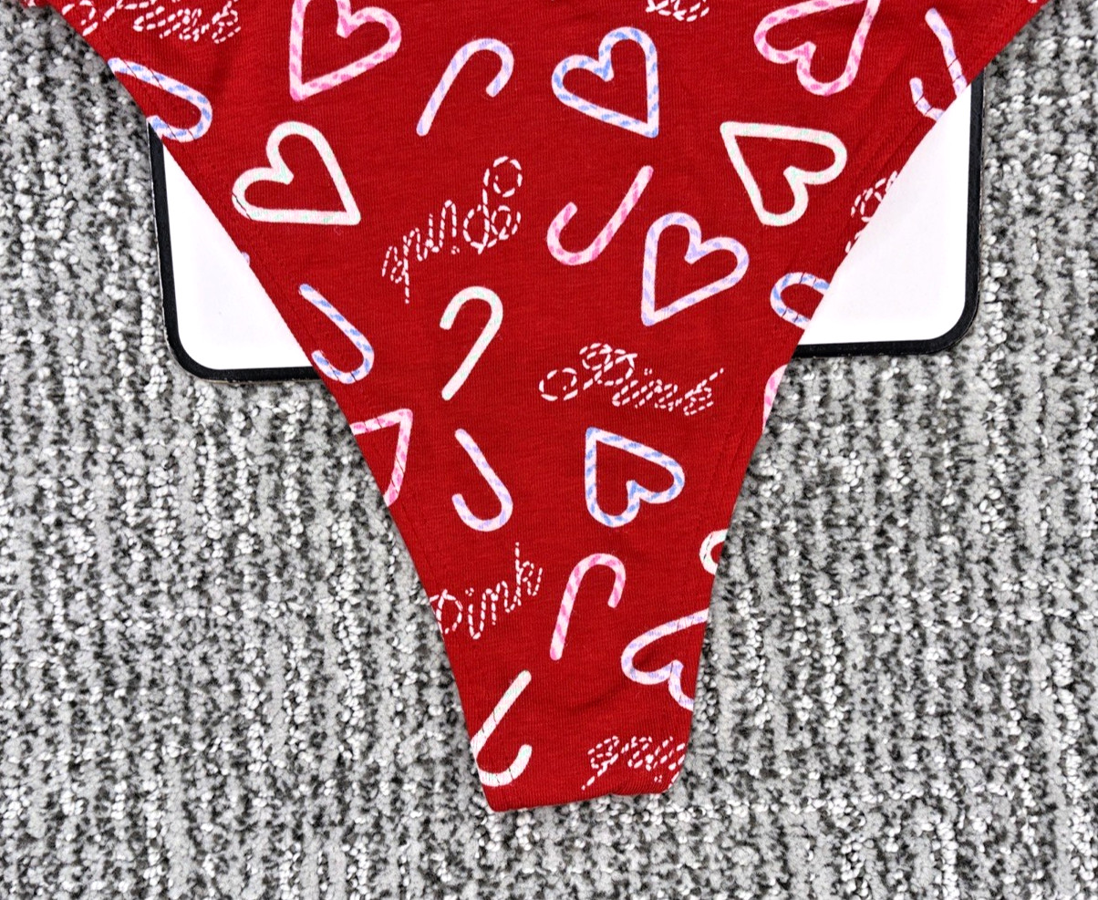Victoria’s Secret PINK NWT Medium Red Heart Logo Print Thong Panty Cute Spellout