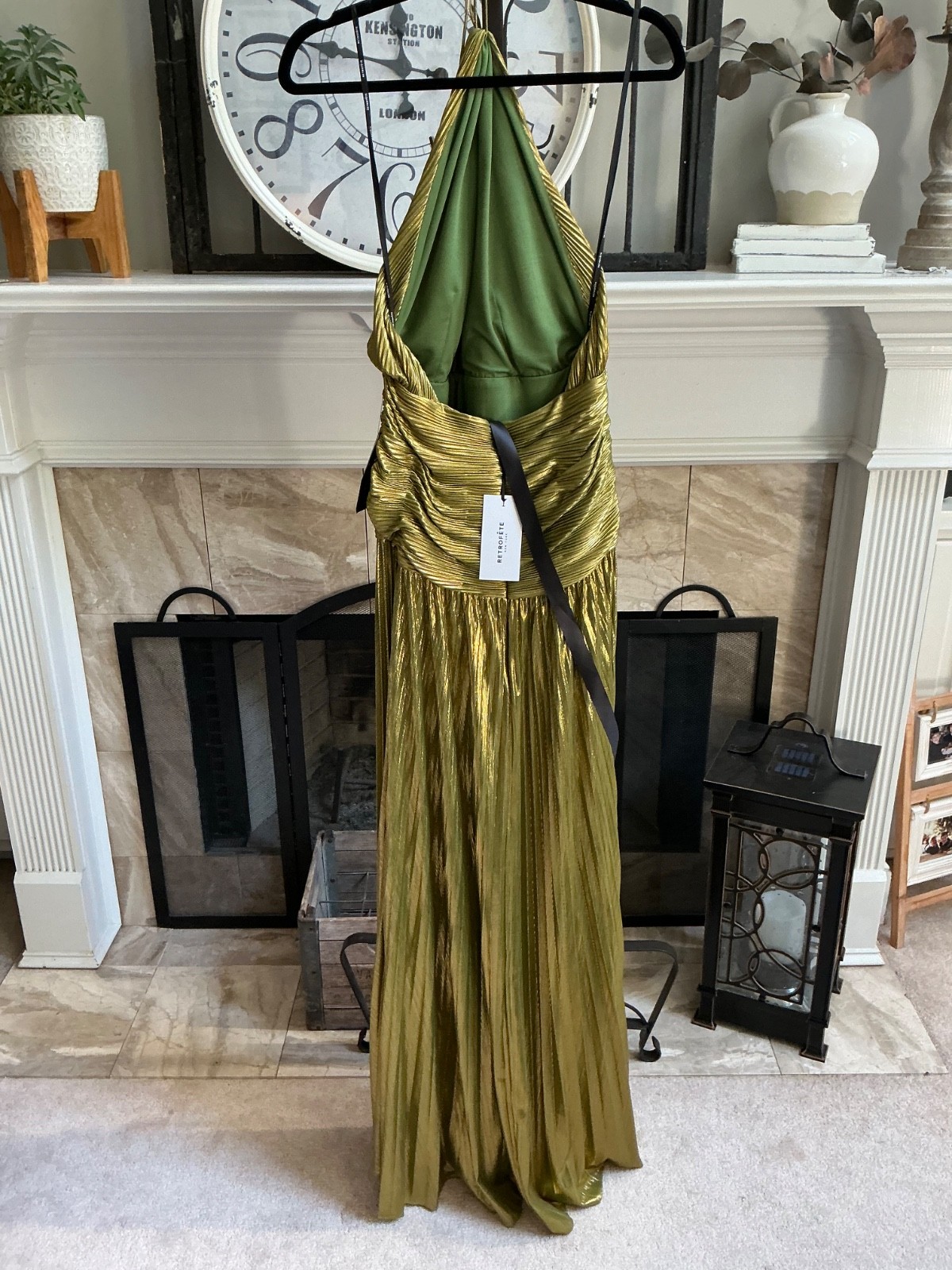 NWT RETROFETE Thalia pleated halter side-slit maxi dress – Metallic Peridot – M