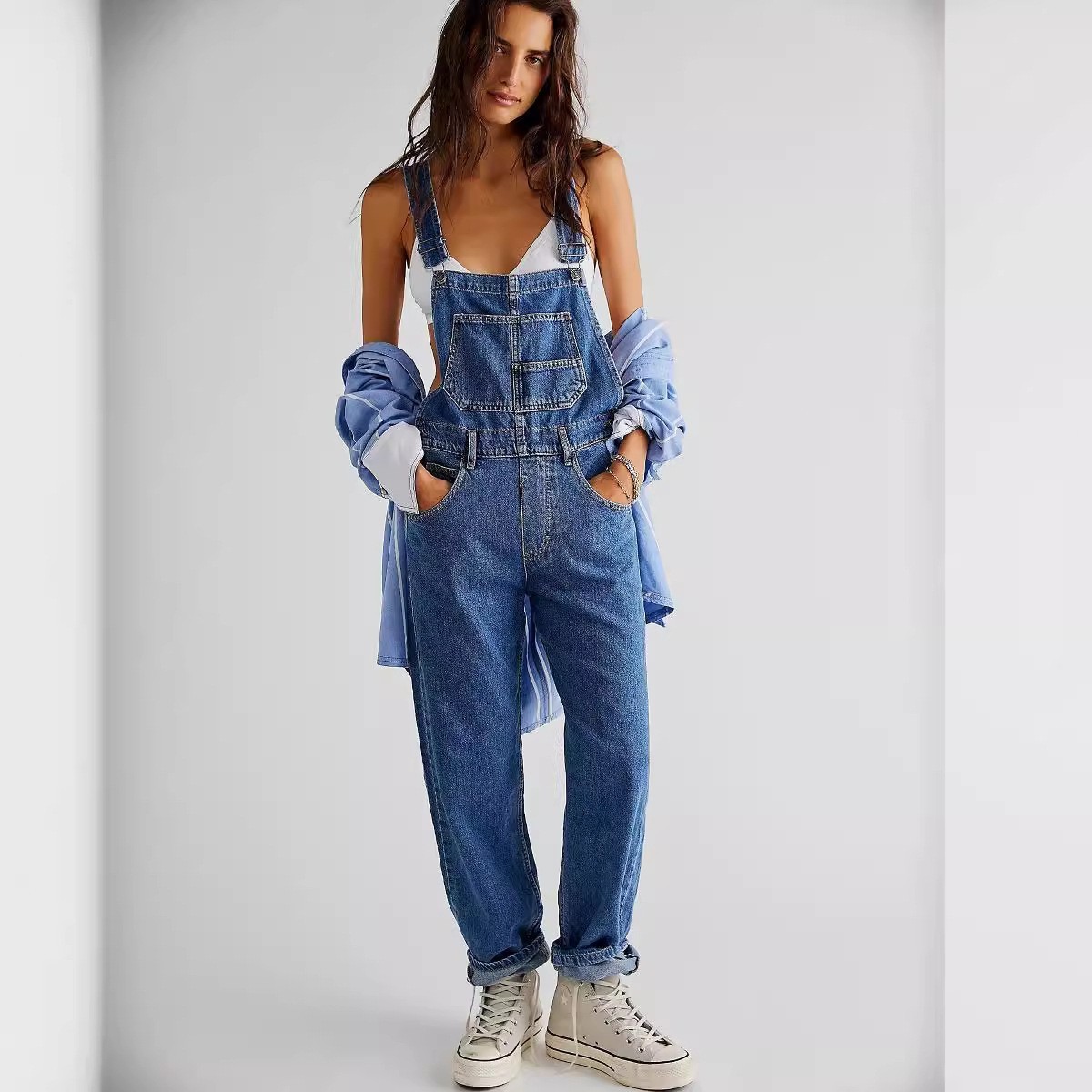 Women’s loose denim overalls (elastic straight leg wide leg, fashionable style)