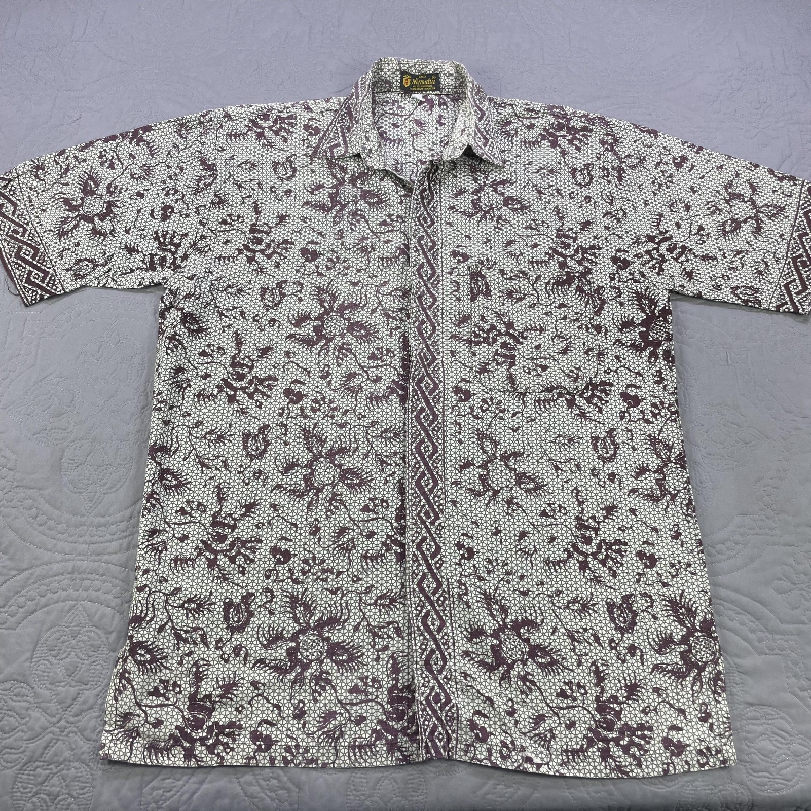 Batik Normalia Shirt Mens Large Purple White Short Sleeve Button Down Pekalongan