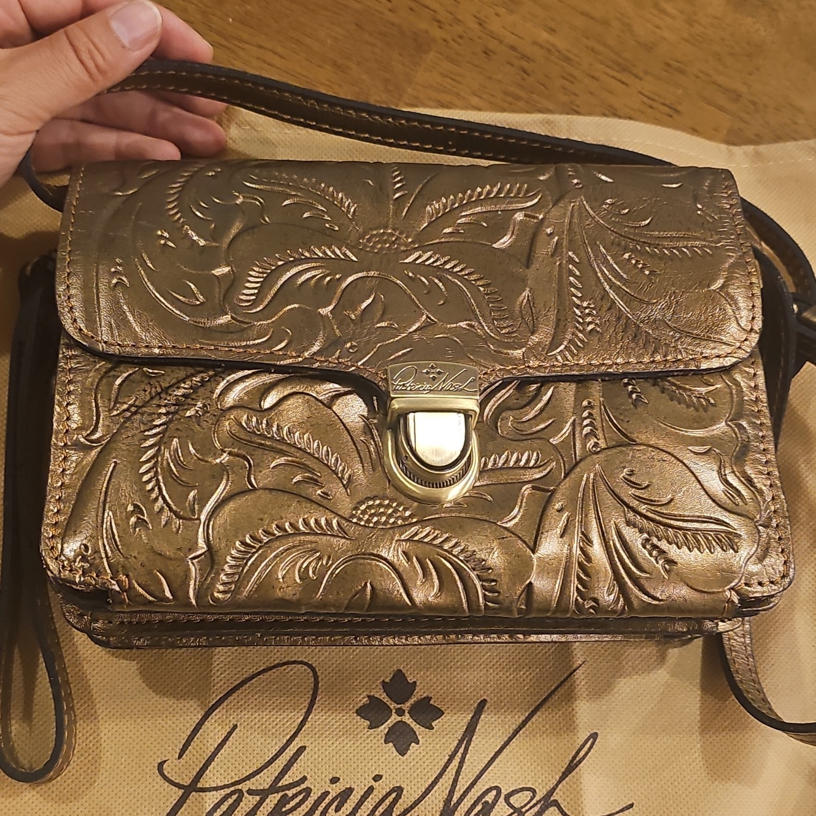 Patricia Nash Gold Floral Embossed Crossbody Bag Zip/Push Lock, Dust Bag