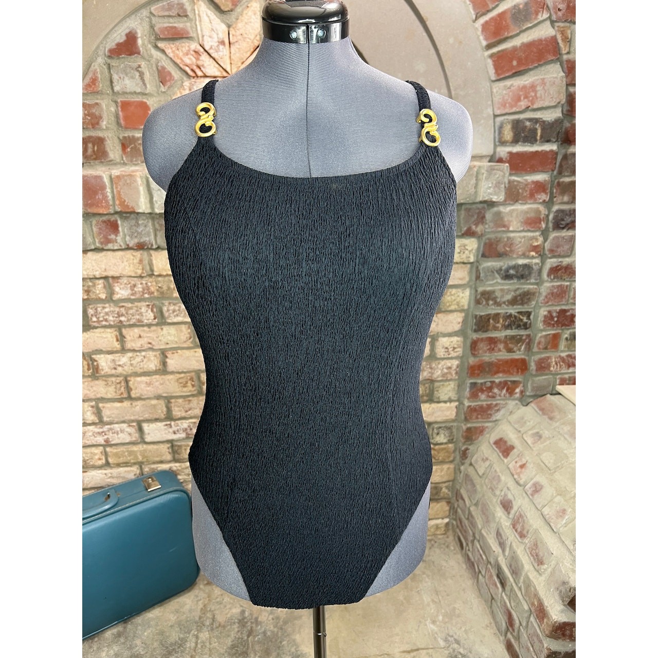 Jantzen one piece swimsuit Vintage black textured gold buckles